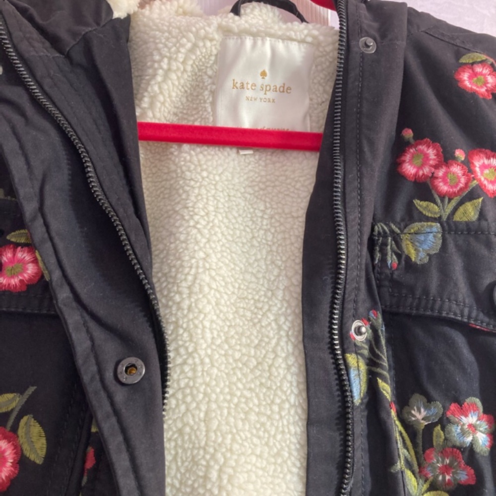 Sale! New Kate Spade Designer Embroidered Twill Coat w/ Pink Faux Fur w/ Gift - Picture 4 of 8